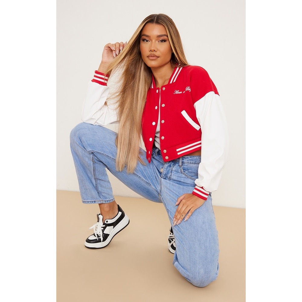 NWT PRETTYLITTLETHING Red & White Varsity Cropped Bomber Jacket  Size S‎ - Picture 12 of 12
